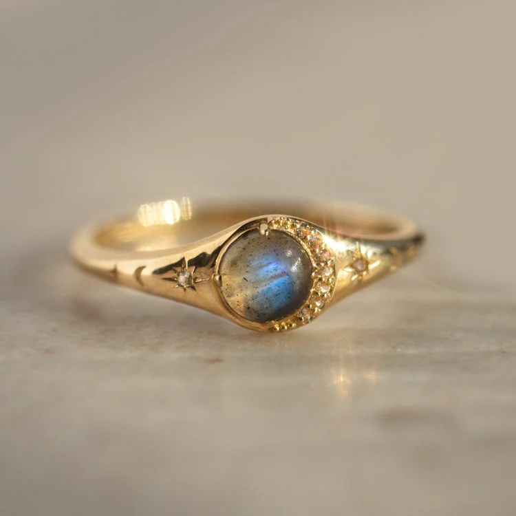 Solid Gold Lunar Labradorite Signet Ring