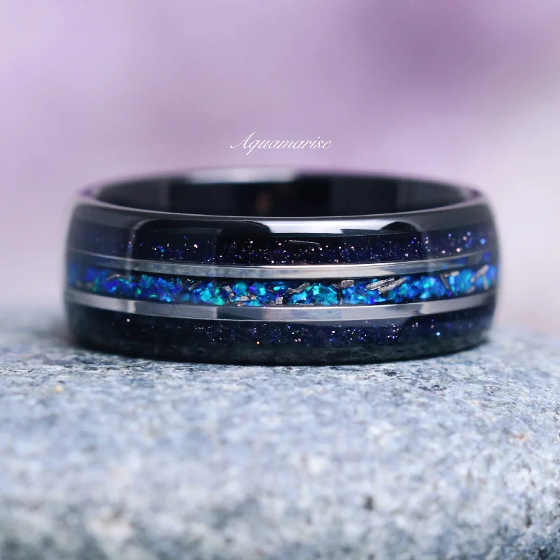 Starry Night, Meteorite, Blue Fire Opal Wedding Band- 8MM Black Tungsten