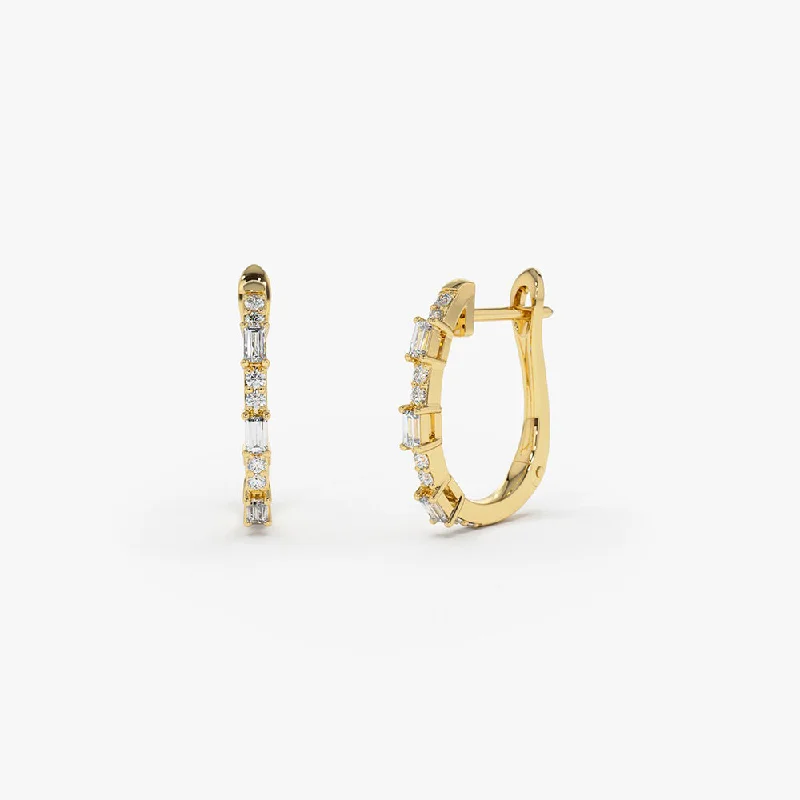 14K Gold Baguette And Round Diamond Earrings