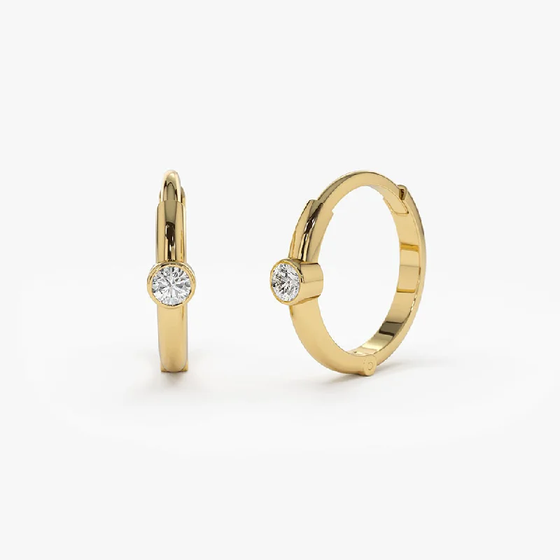 14K Single Bezel Set Diamond Hoops