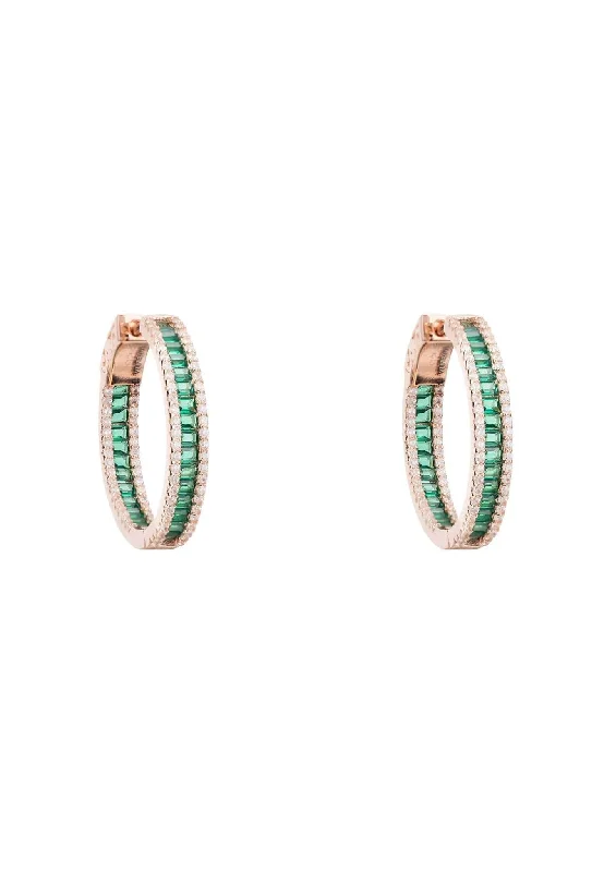 Baguette Hoop Earrings Medium Rosegold Emerald Green