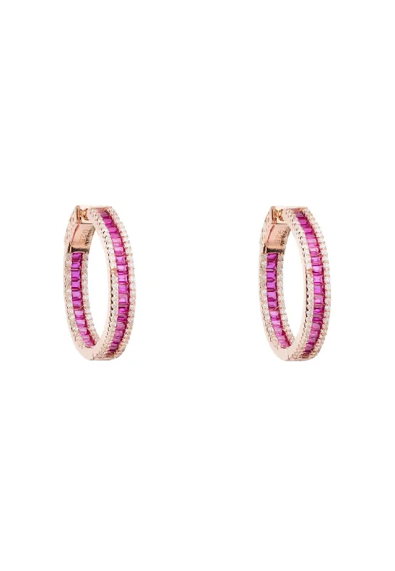 Baguette Hoop Earrings Medium Rosegold Ruby Pink