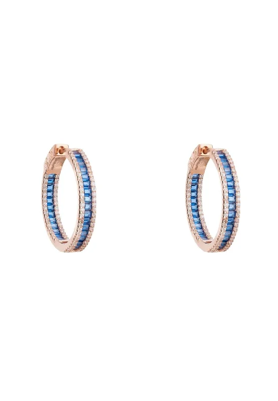 Baguette Hoop Earrings Medium Rosegold Sapphire Blue