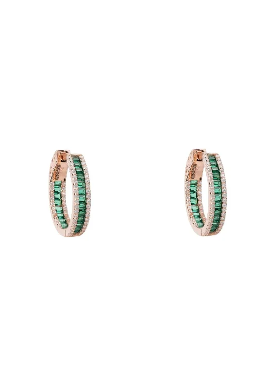 Baguette Hoop Earrings Small Rosegold Emerald Green