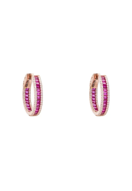 Baguette Hoop Earrings Small Rosegold Ruby Pink