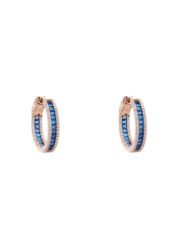 Baguette Hoop Earrings Small Rosegold Sapphire Blue