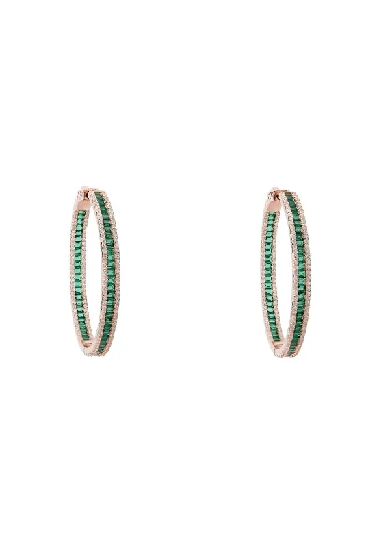 Baguette Large Hoop Large Earrings Rosegold Emerald Green