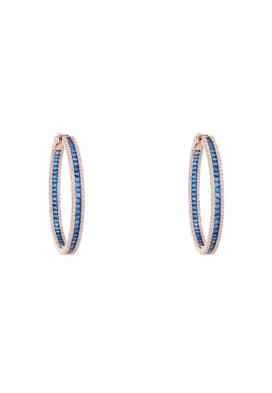 Baguette Large Hoop Large Earrings Rosegold Sapphire Blue