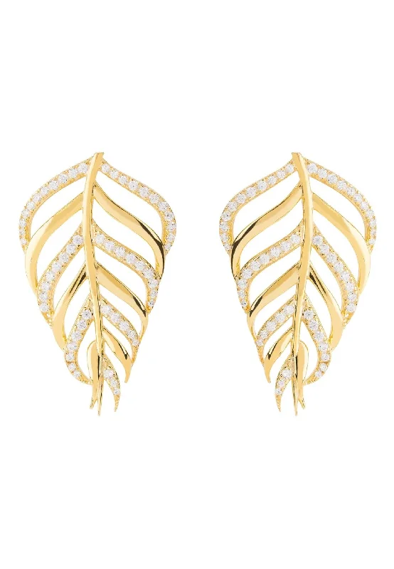 Bali Leaf Stud Earrings White Cz Gold