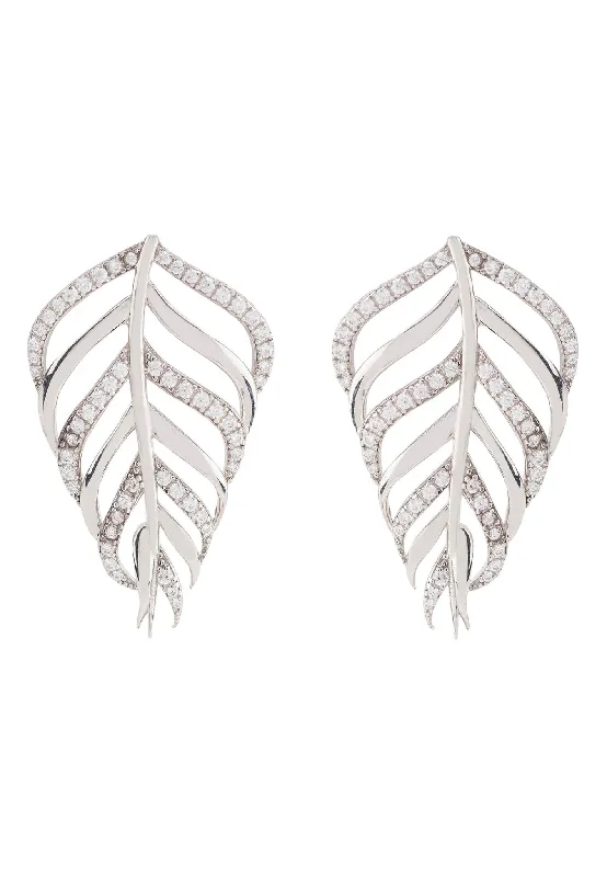 Bali Leaf Stud Earrings White Silver