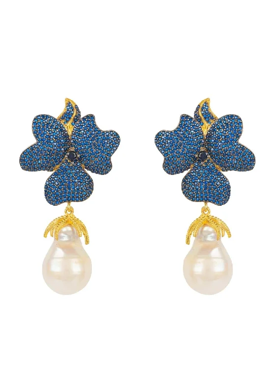 Baroque Pearl Sapphire Blue Flower Earrings Gold