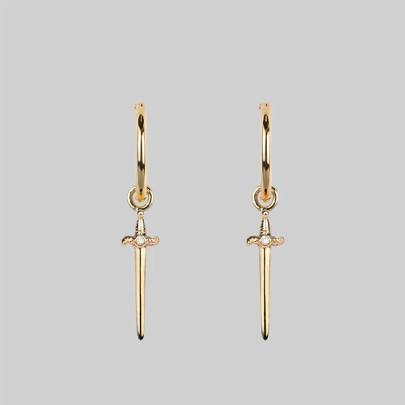 BETRAYAL. Cubic Zirconia Dagger Hoop Earrings - Gold