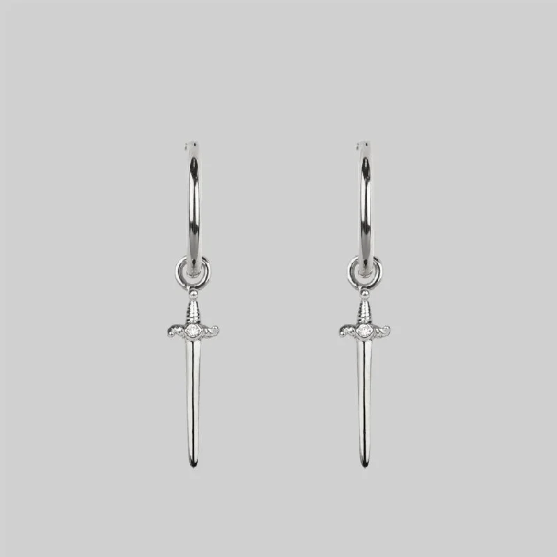 BETRAYAL. Cubic Zirconia Dagger Hoop Earrings - Silver