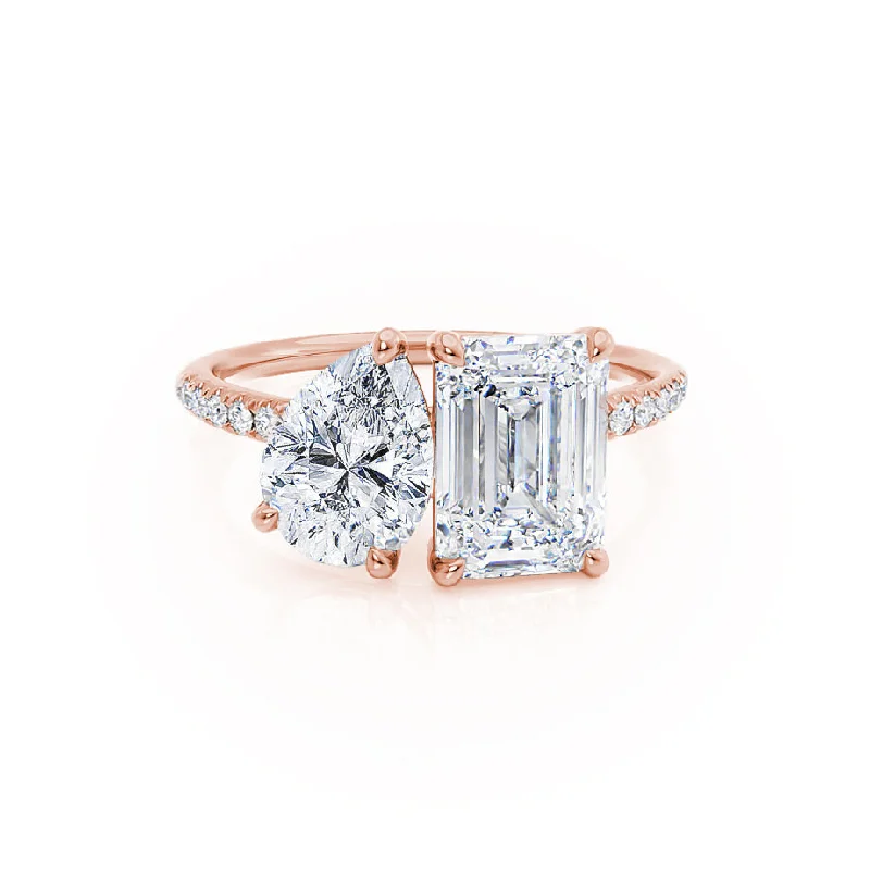 CELESTE - Toi et Moi Moissanite Emerald & Pear Diamond Band Ring 18k Rose Gold