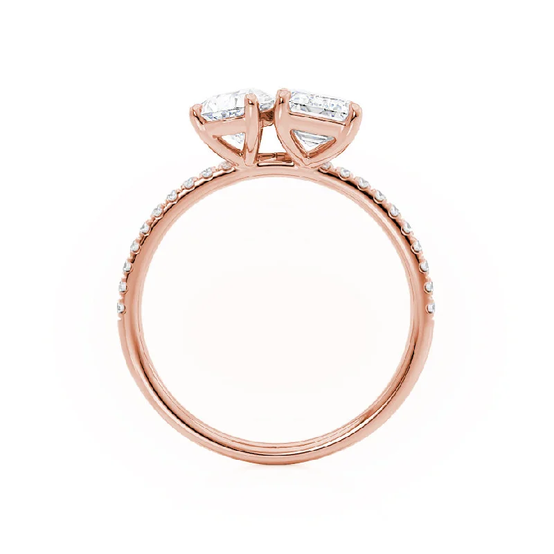 CELESTE - Toi et Moi Moissanite Emerald & Pear Diamond Band Ring 18k Rose Gold