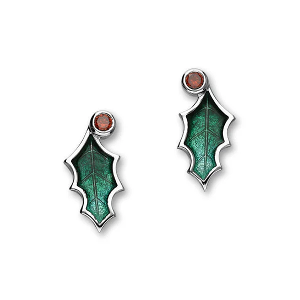 Festive Sterling Silver Enamel Holly Leaf Stud Earrings, ECE28