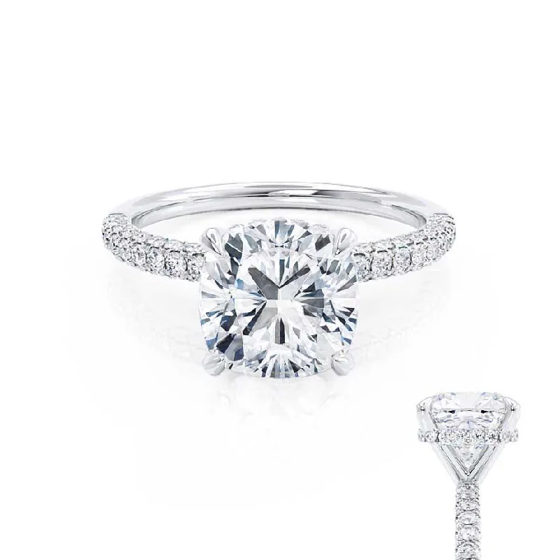 COCO - Cushion Cut Lab Diamond Platinum Petite Hidden Halo Triple Pavé