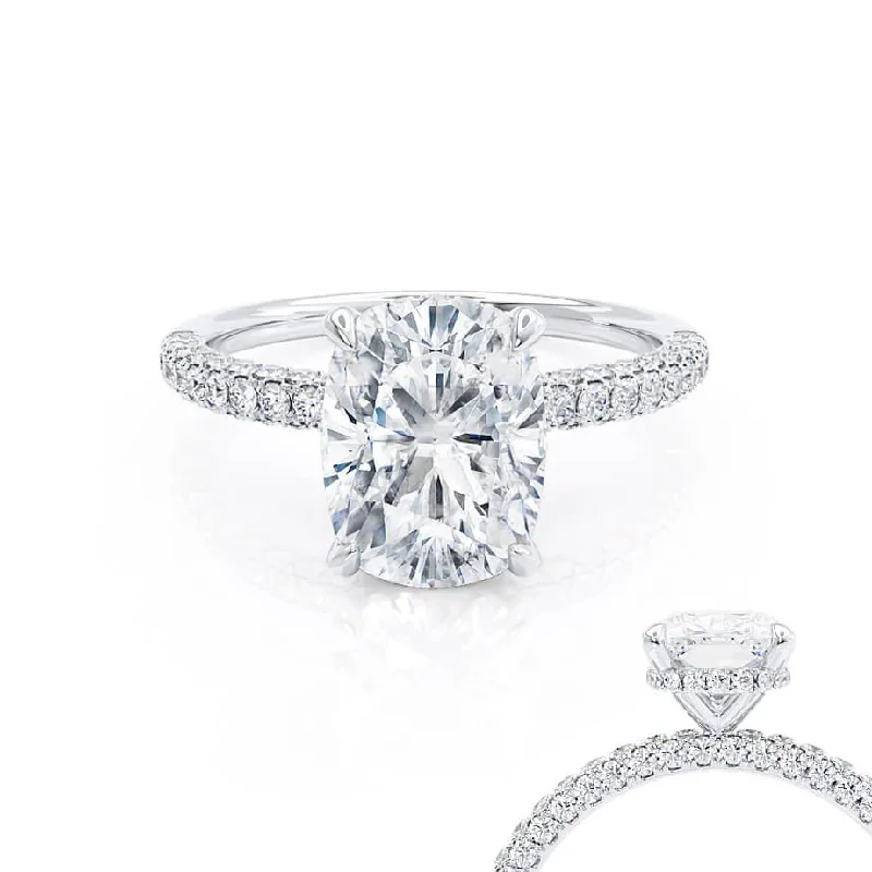 COCO - Elongated Cushion Cut Lab Diamond Platinum Petite Hidden Halo Triple Pavé