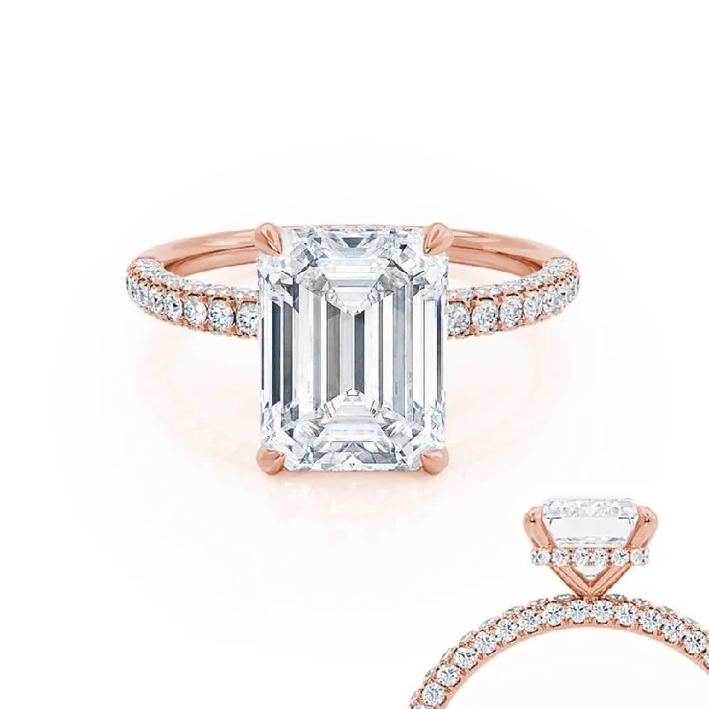 COCO - Emerald Moissanite & Diamond 18k Rose Gold Petite Hidden Halo Triple Pavé Ring