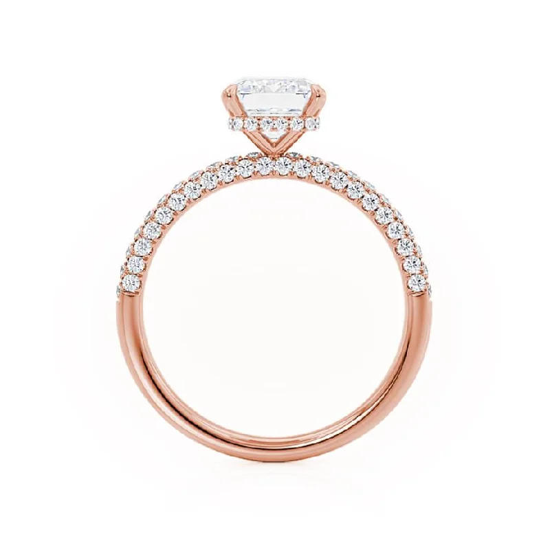 COCO - Emerald Moissanite & Diamond 18k Rose Gold Petite Hidden Halo Triple Pavé Ring