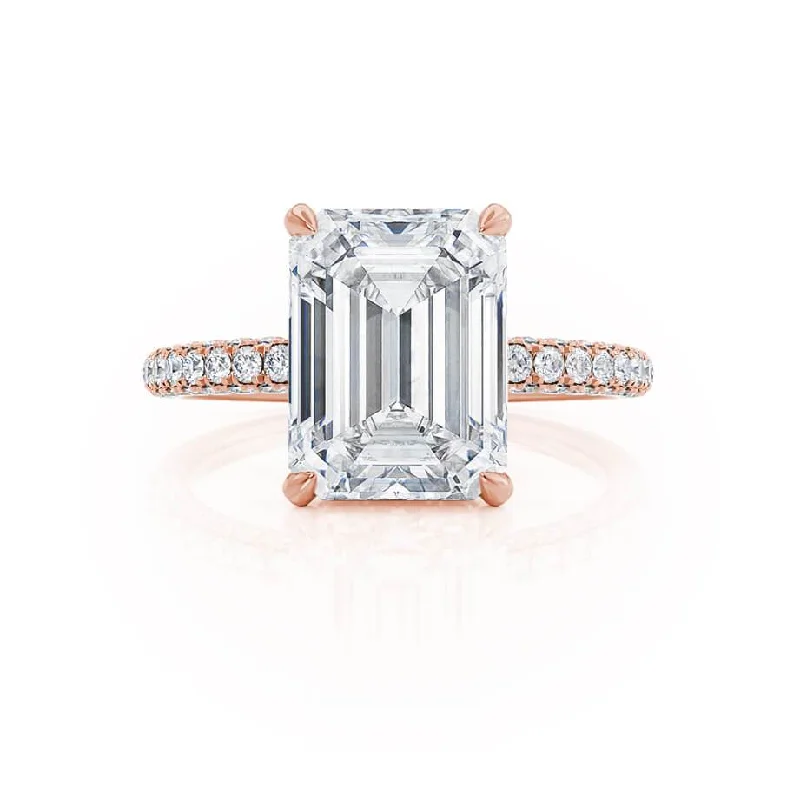 COCO - Emerald Moissanite & Diamond 18k Rose Gold Petite Hidden Halo Triple Pavé Ring