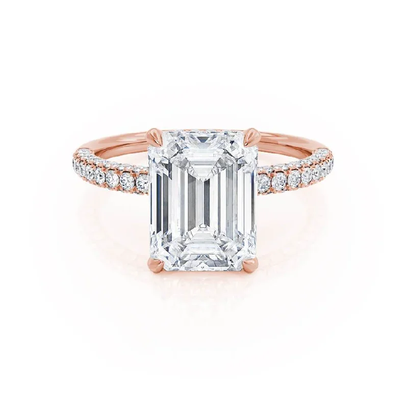 COCO - Emerald Moissanite & Diamond 18k Rose Gold Petite Hidden Halo Triple Pavé Ring