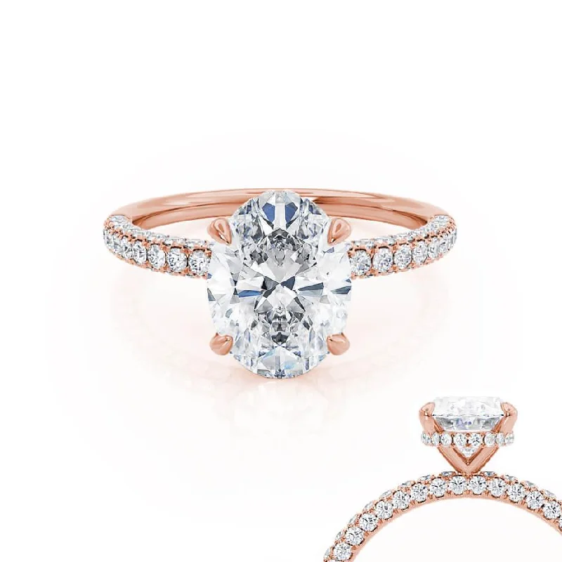 COCO - Oval Moissanite & Diamond 18k Rose Gold Petite Hidden Halo Triple Pavé Shoulder Set Ring