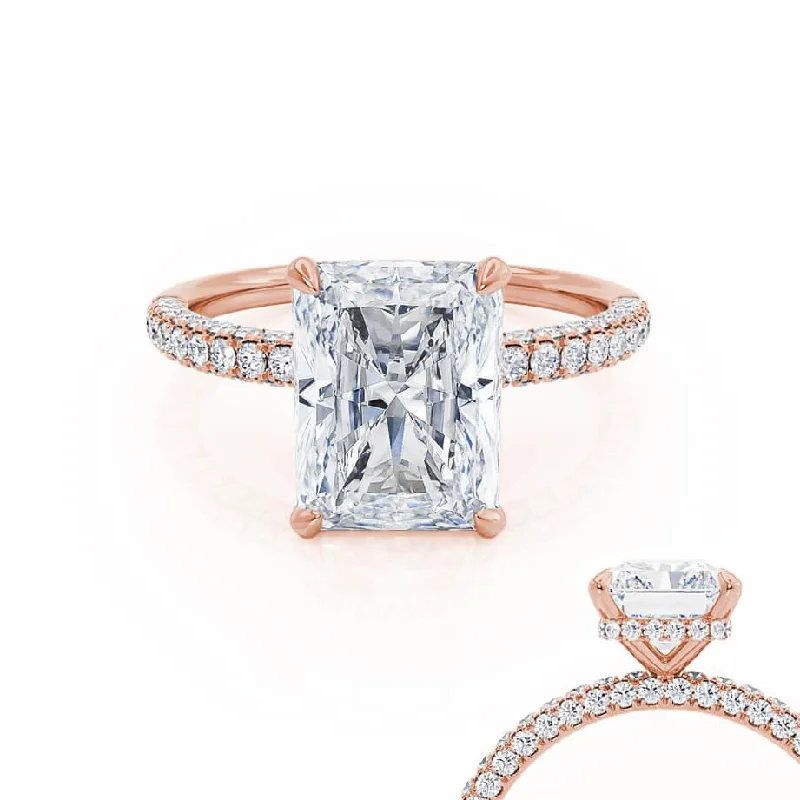 COCO - Radiant Moissanite & Diamond 18k Rose Gold Petite Hidden Halo Triple Pavé Shoulder Set Ring