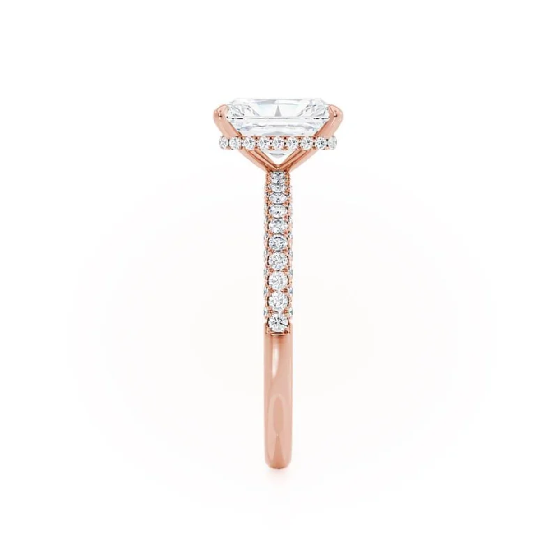 COCO - Radiant Moissanite & Diamond 18k Rose Gold Petite Hidden Halo Triple Pavé Shoulder Set Ring