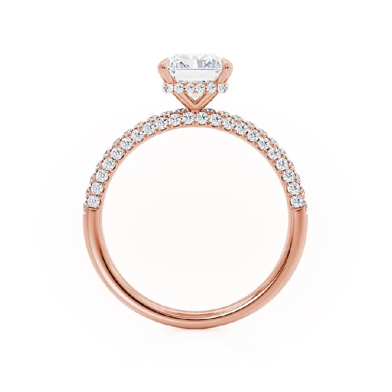 COCO - Radiant Moissanite & Diamond 18k Rose Gold Petite Hidden Halo Triple Pavé Shoulder Set Ring