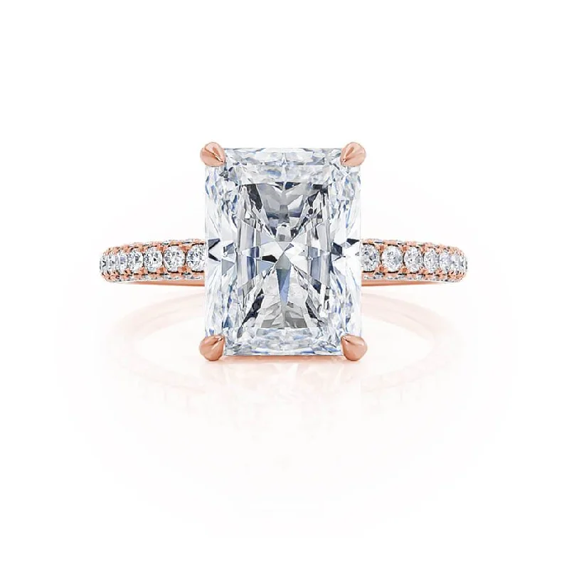 COCO - Radiant Moissanite & Diamond 18k Rose Gold Petite Hidden Halo Triple Pavé Shoulder Set Ring