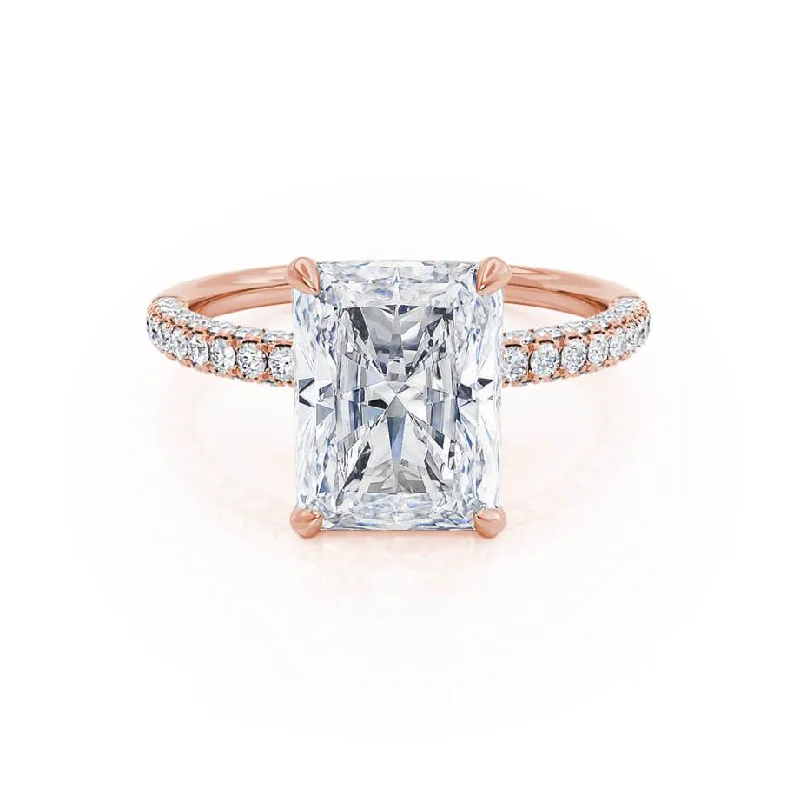 COCO - Radiant Moissanite & Diamond 18k Rose Gold Petite Hidden Halo Triple Pavé Shoulder Set Ring