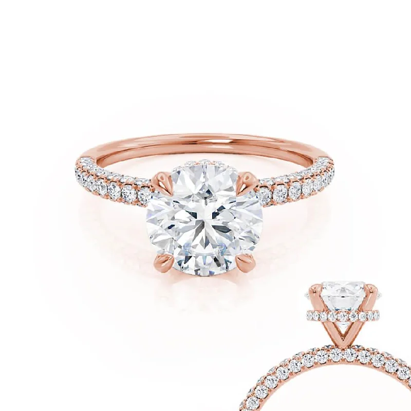 COCO- Round Moissanite & Diamond 18k Rose Gold Petite Hidden Halo Triple Pavé Shoulder Set Ring