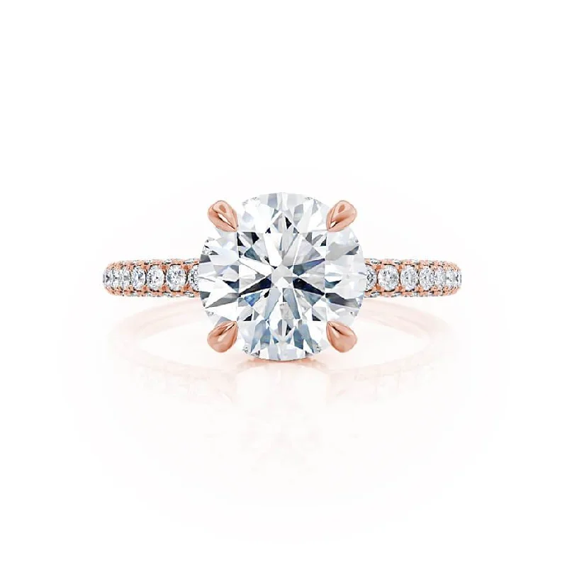 COCO- Round Moissanite & Diamond 18k Rose Gold Petite Hidden Halo Triple Pavé Shoulder Set Ring