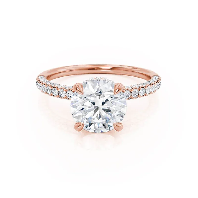 COCO- Round Moissanite & Diamond 18k Rose Gold Petite Hidden Halo Triple Pavé Shoulder Set Ring