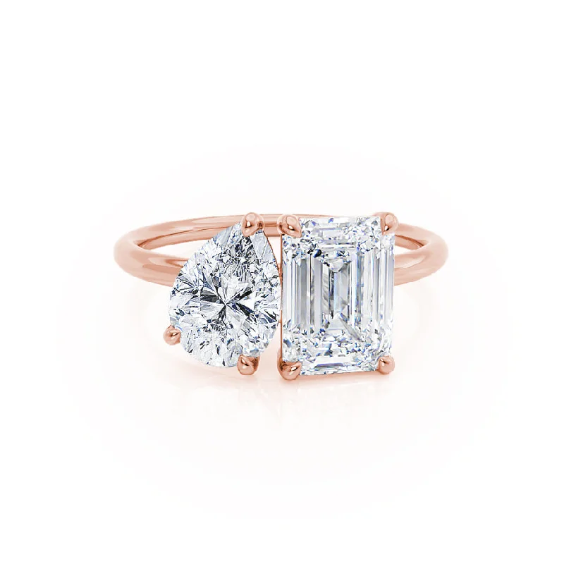 COMET - Toi Et Moi Moissanite Emerald & Pear Cut Ring 18k Rose Gold