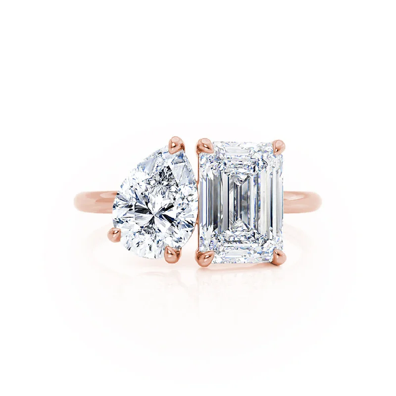 COMET - Toi Et Moi Moissanite Emerald & Pear Cut Ring 18k Rose Gold