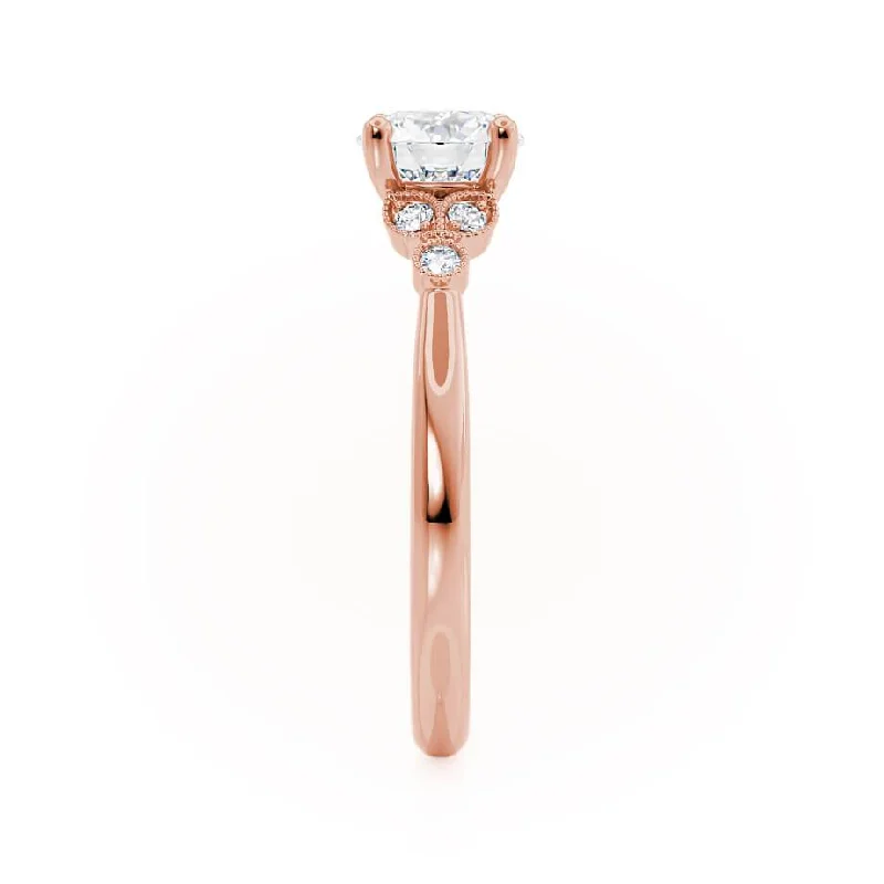 DELILAH - Round Moissanite 18k Rose Gold Shoulder Set Ring