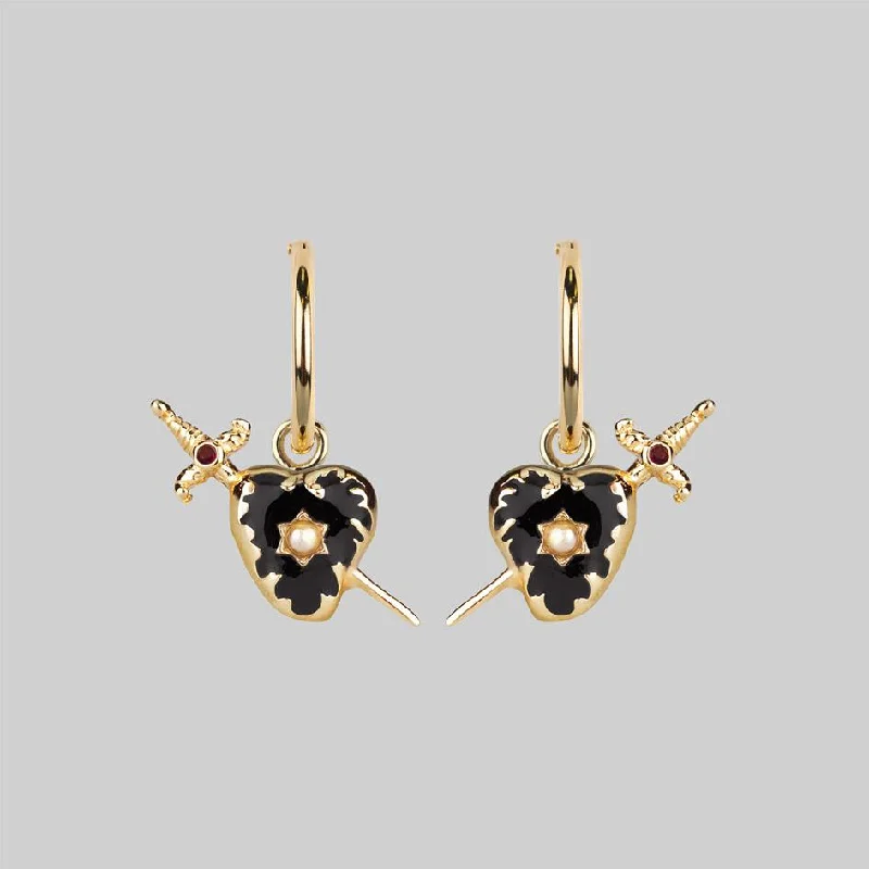 DEVOTION. Black Heart & Sword Hoop Earrings - Gold