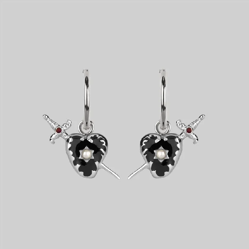 DEVOTION. Black Heart & Sword Hoop Earrings - Silver