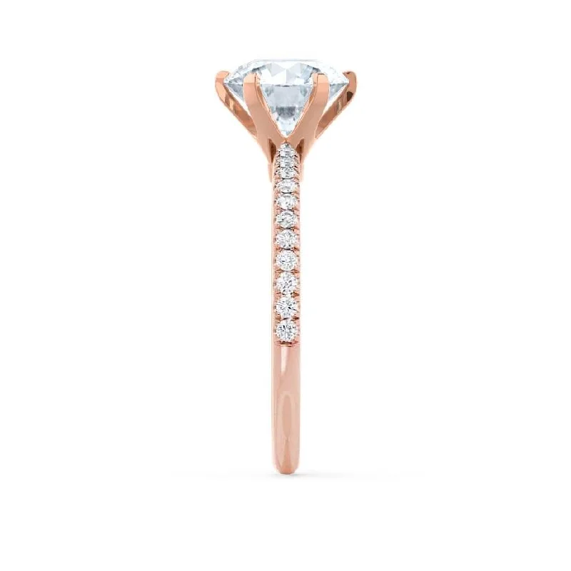 LILLIE LUXE - Round Moissanite & Diamond 18k Rose Gold Shoulder Set Ring