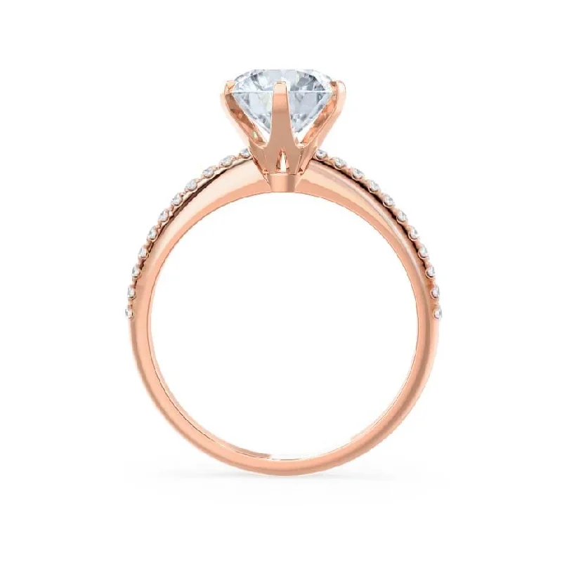 LILLIE LUXE - Round Moissanite & Diamond 18k Rose Gold Shoulder Set Ring