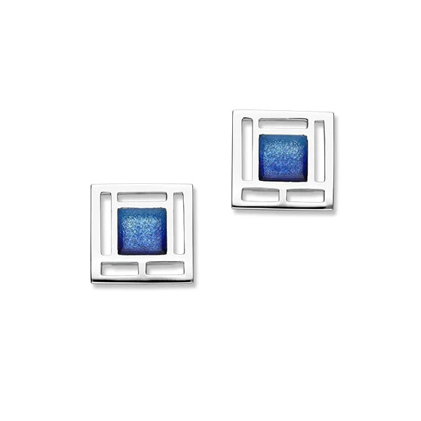 Frank Lloyd Sterling Silver & Blue Enamel Square Stud Earrings, EE53