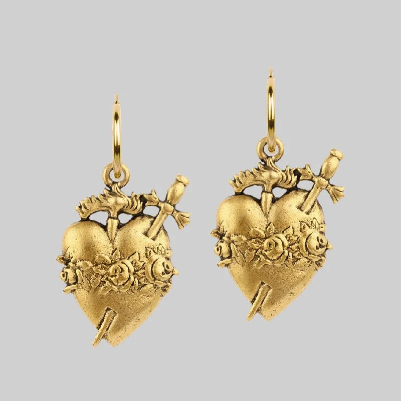 INFERNO. Sacred Heart Hoop Earrings - Gold