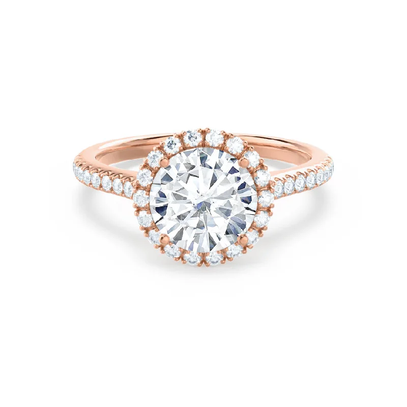 LAVENDER - Round Moissanite & Diamond 18k Rose Gold Petite Halo Ring