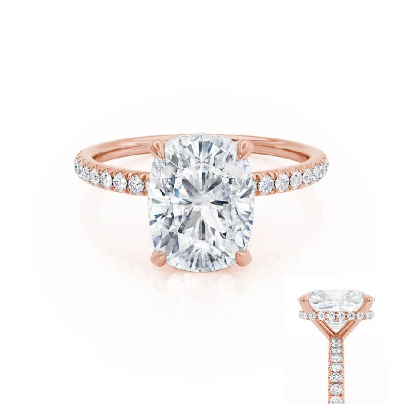 LIVELY - Elongated Cushion Moissanite & Diamond 18k Rose Gold Petite Hidden Halo Pavé Shoulder Set Ring