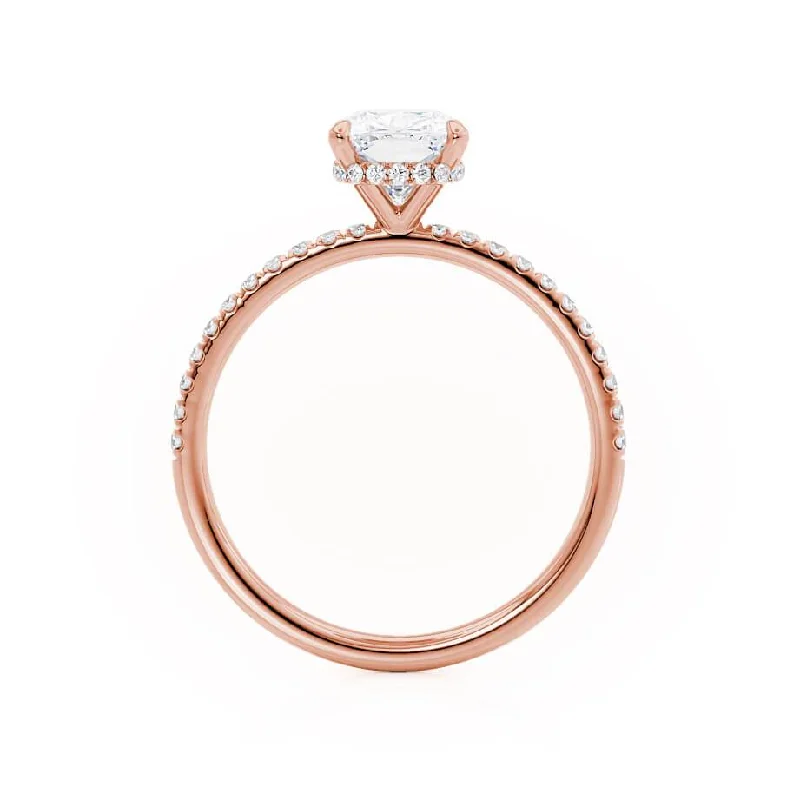 LIVELY - Elongated Cushion Moissanite & Diamond 18k Rose Gold Petite Hidden Halo Pavé Shoulder Set Ring