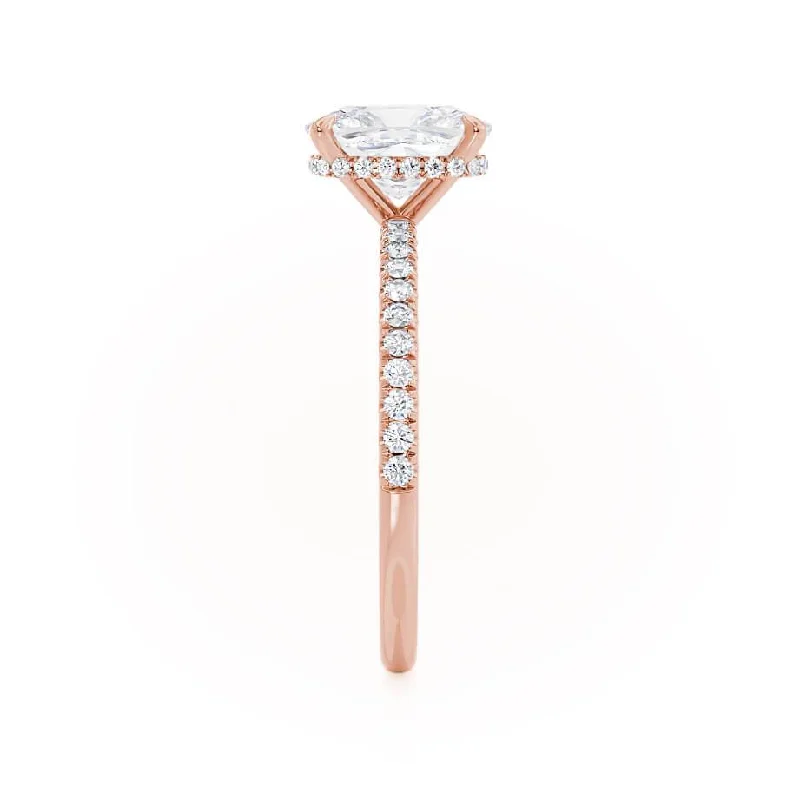 LIVELY - Elongated Cushion Moissanite & Diamond 18k Rose Gold Petite Hidden Halo Pavé Shoulder Set Ring