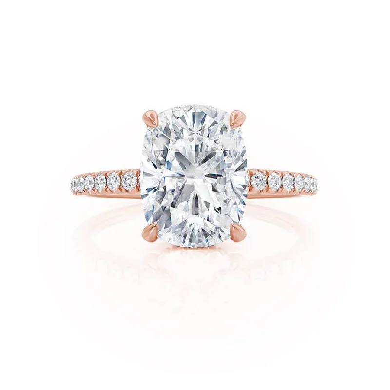 LIVELY - Elongated Cushion Moissanite & Diamond 18k Rose Gold Petite Hidden Halo Pavé Shoulder Set Ring