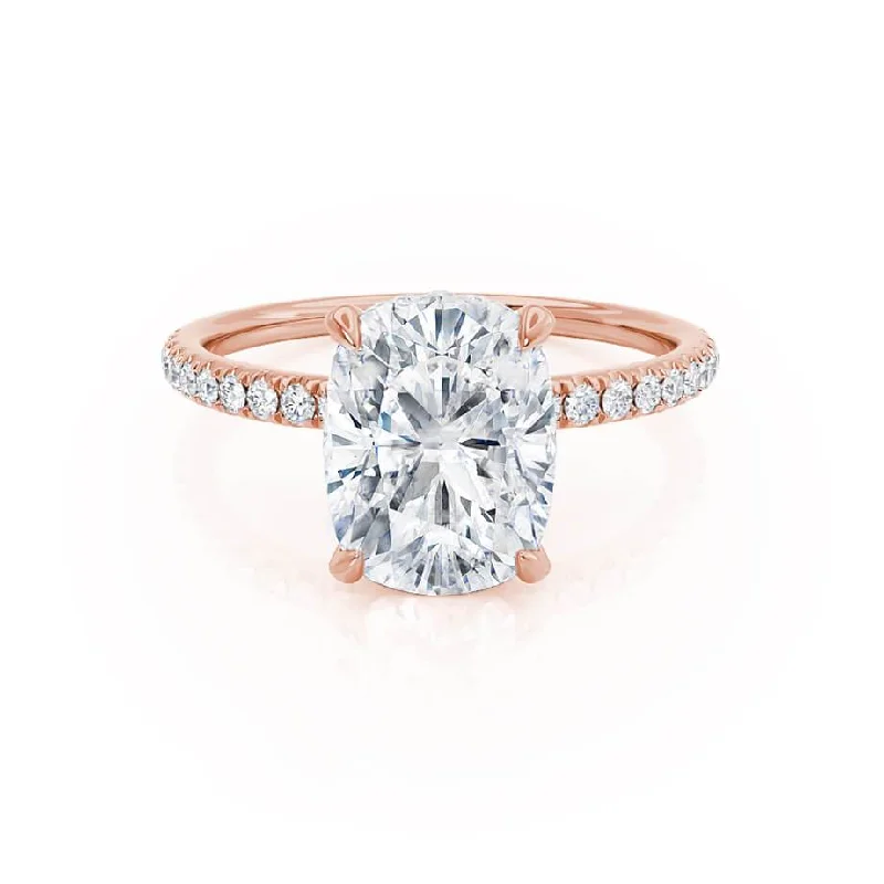 LIVELY - Elongated Cushion Moissanite & Diamond 18k Rose Gold Petite Hidden Halo Pavé Shoulder Set Ring